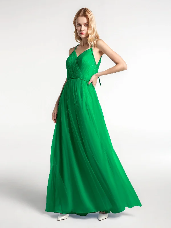 Twist Straps Tulle Maxi Dress with V Neckline Emerald Trendy Satin Maxi Dress