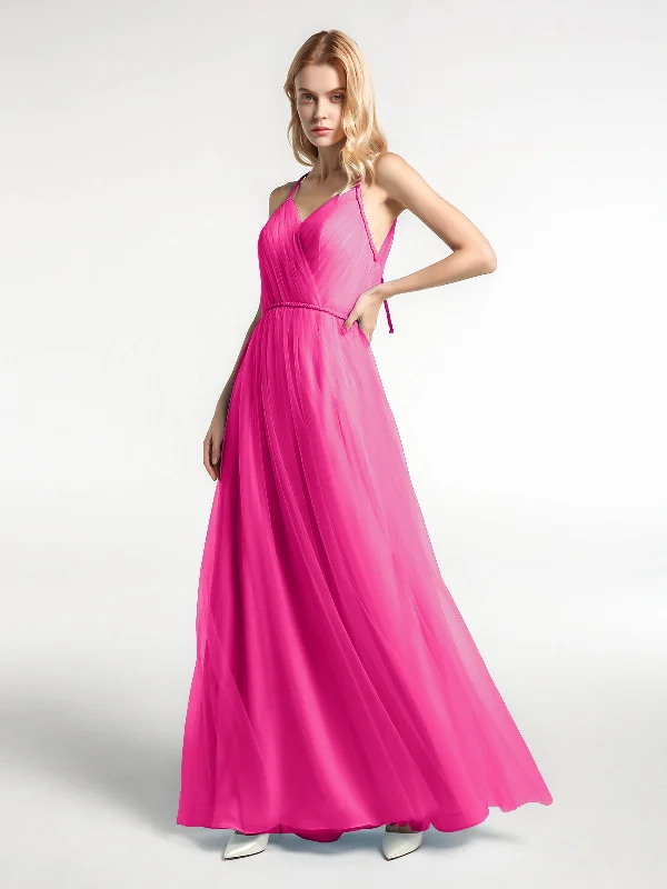 Twist Straps Tulle Maxi Dress with V Neckline Fuchsia Stylish V-Neck Maxi Dress