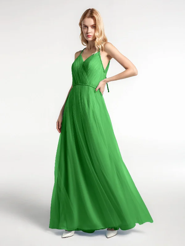 Twist Straps Tulle Maxi Dress with V Neckline Green Fashionable Off-Shoulder Maxi Dress