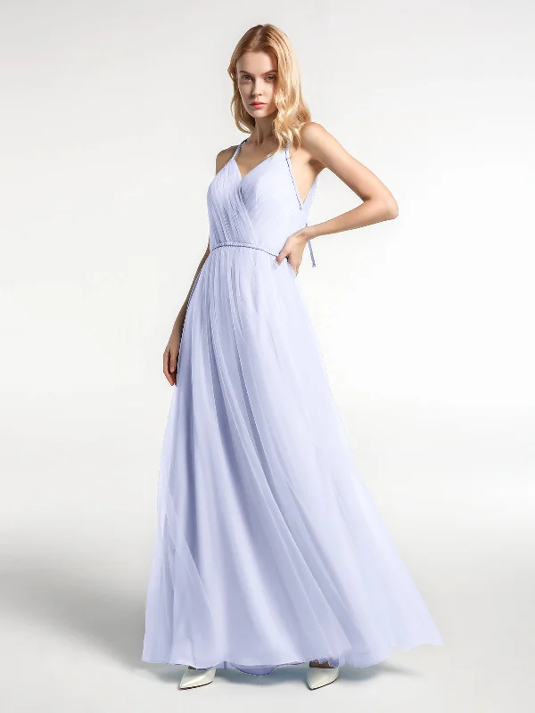 Twist Straps Tulle Maxi Dress with V Neckline Lavender Elegant Floral Maxi Dress