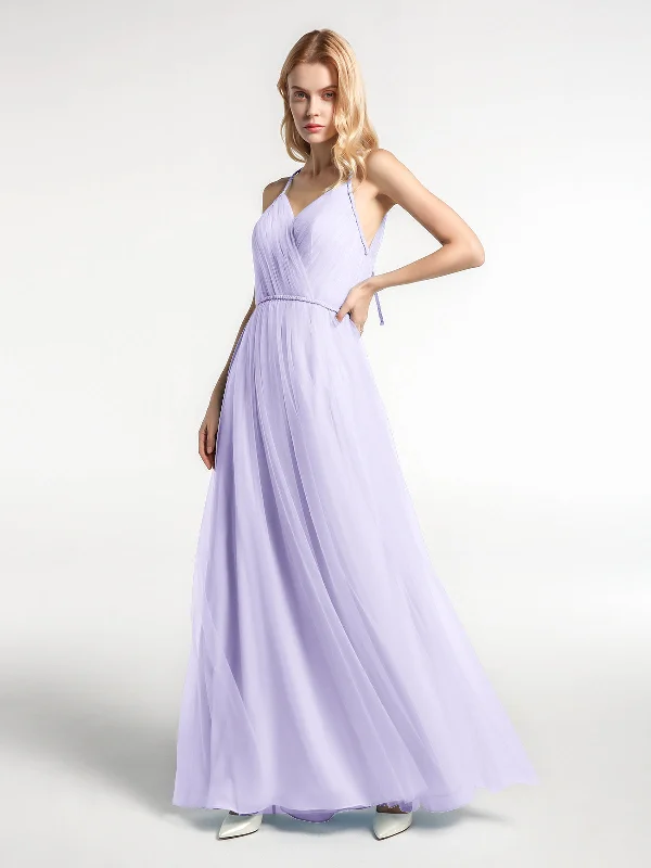 Twist Straps Tulle Maxi Dress with V Neckline Lilac Fashionable Chiffon Tiered Maxi Dress