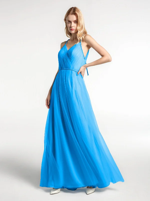 Twist Straps Tulle Maxi Dress with V Neckline Ocean Blue Cozy Maxi Dress with Slit