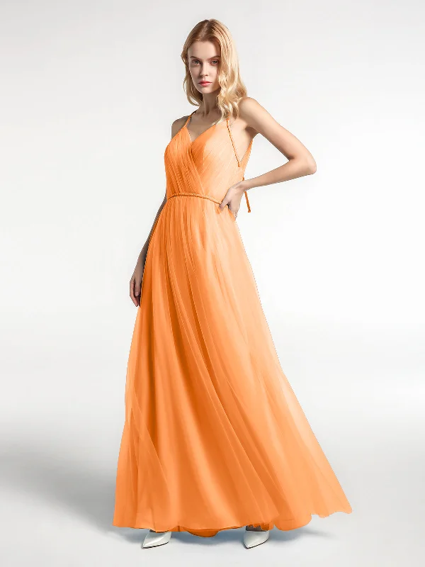 Twist Straps Tulle Maxi Dress with V Neckline Orange Fashionable Open-Back Maxi Dress