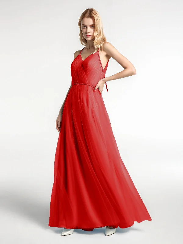 Twist Straps Tulle Maxi Dress with V Neckline Red Casual Maxi Dress with Pockets