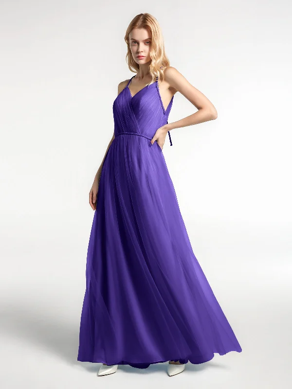 Twist Straps Tulle Maxi Dress with V Neckline Regency Fashionable Asymmetrical Maxi Dress