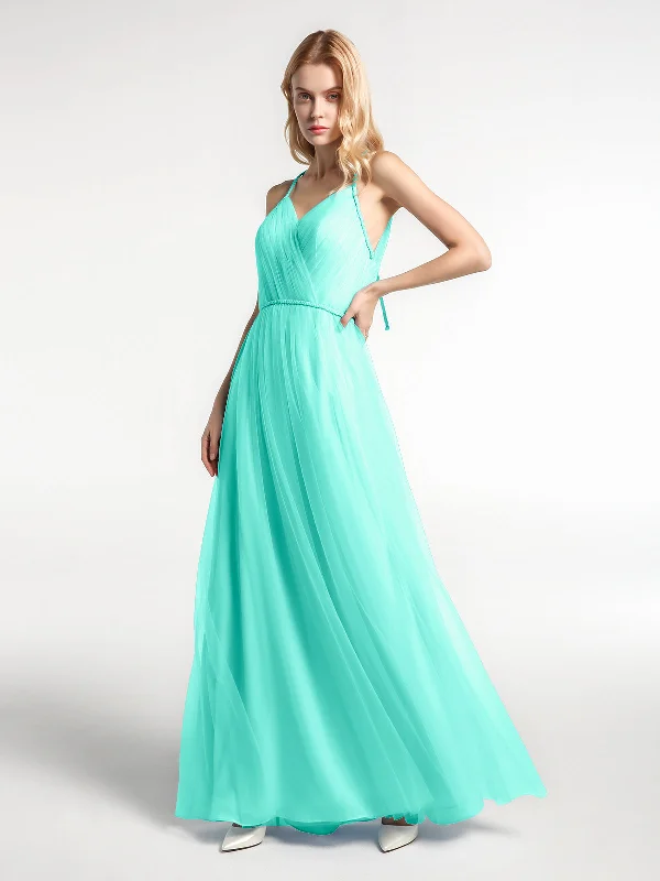 Twist Straps Tulle Maxi Dress with V Neckline Spa Comfortable Maxi Dress with Sleeves