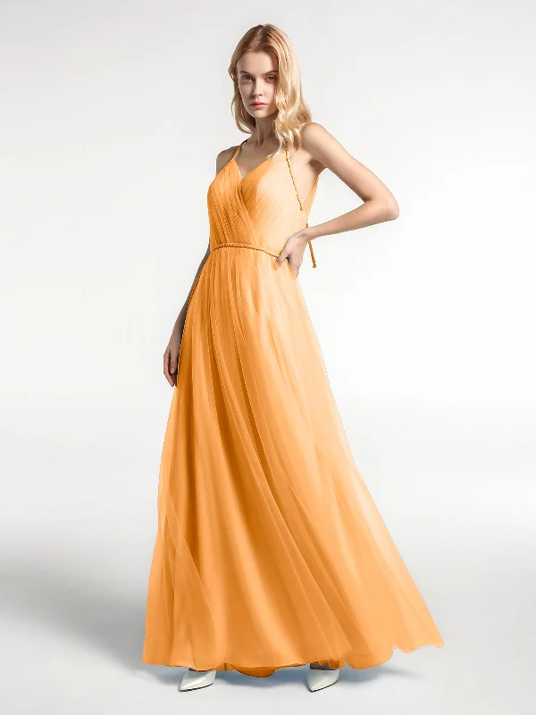 Twist Straps Tulle Maxi Dress with V Neckline Tangerine Trendy A-Line Maxi Dress