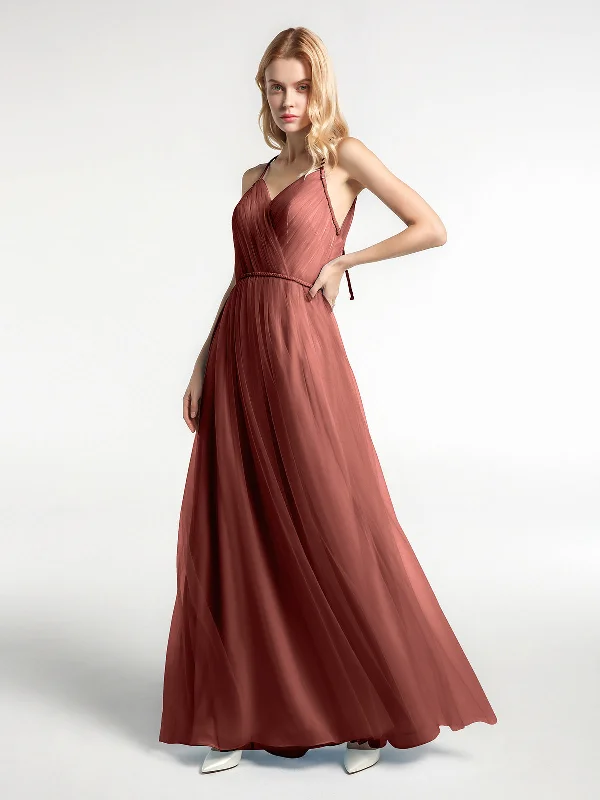 Twist Straps Tulle Maxi Dress with V Neckline Terracotta Elegant Wraparound Maxi Dress