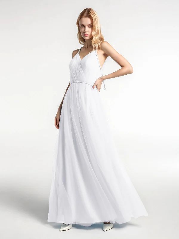 Twist Straps Tulle Maxi Dress with V Neckline White Trendy Maxi Dress with Belt