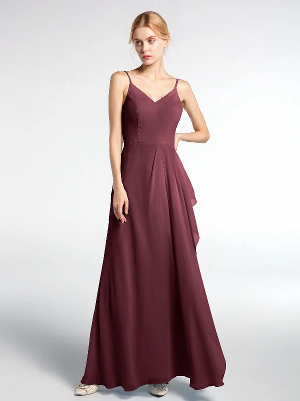 V-neck Chiffon Simple Maxi Dress with Spaghetti Straps-Cabernet Trendy Ruffled Maxi Dress