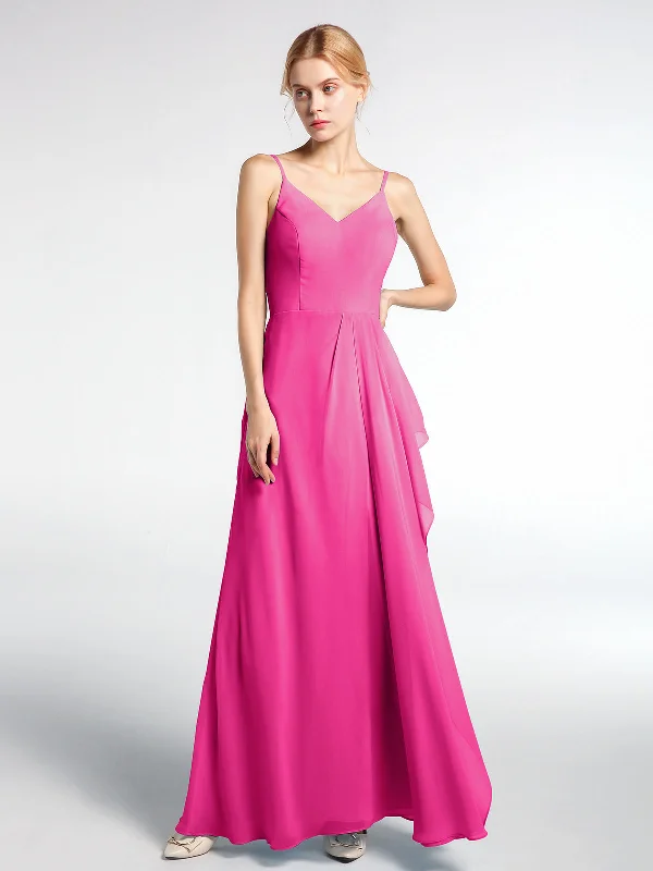 V-neck Chiffon Simple Maxi Dress with Spaghetti Straps-Fuchsia Elegant Velvet Maxi Dress