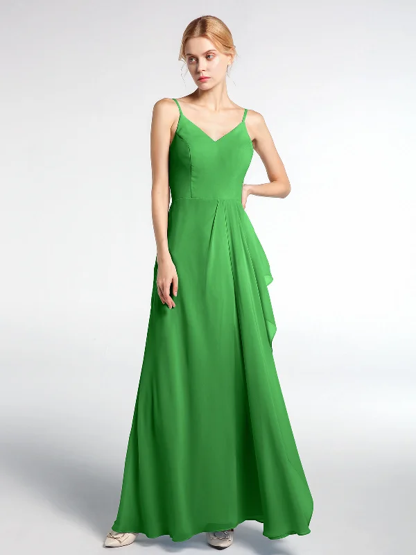 V-neck Chiffon Simple Maxi Dress with Spaghetti Straps-Green Stylish Long Sleeve Maxi Dress