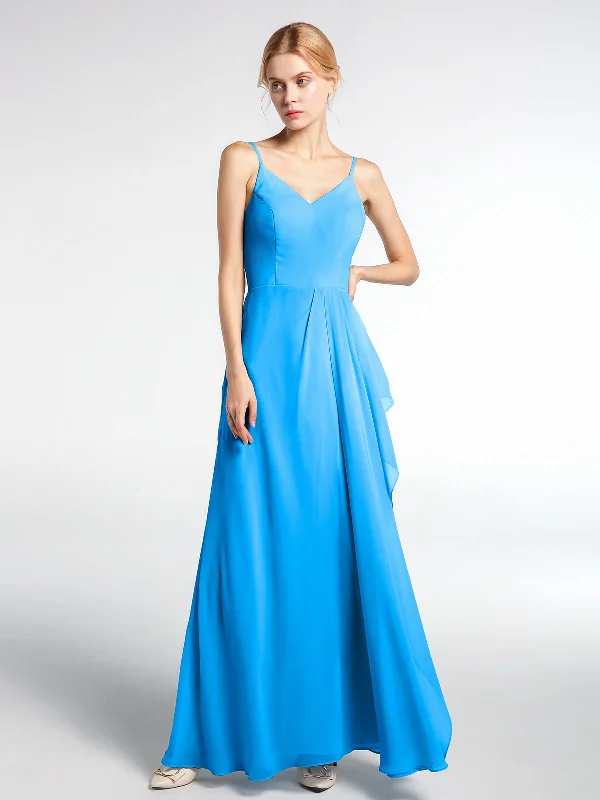 V-neck Chiffon Simple Maxi Dress with Spaghetti Straps-Ocean Blue Stylish One-Shoulder Maxi Dress