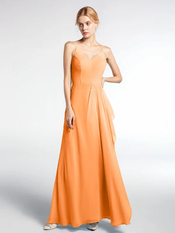 V-neck Chiffon Simple Maxi Dress with Spaghetti Straps-Orange Comfortable Pleated Maxi Dress