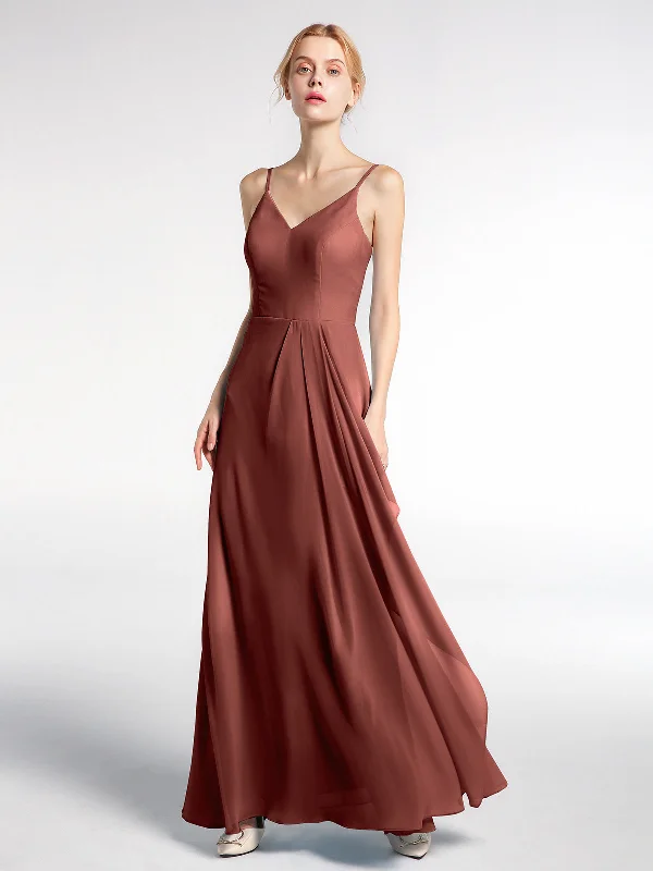 V-neck Chiffon Simple Maxi Dress with Spaghetti Straps-Terracotta Stylish Off-Shoulder Maxi Dress