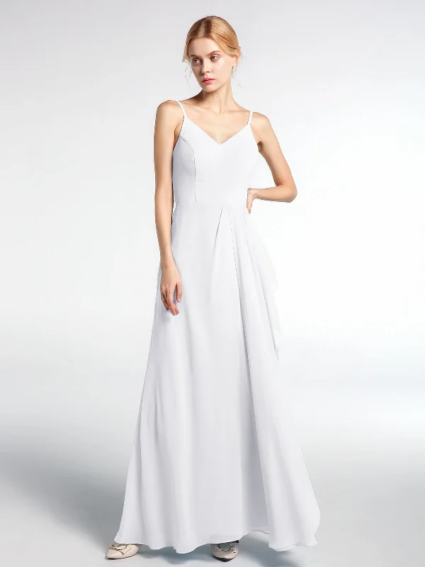 V-neck Chiffon Simple Maxi Dress with Spaghetti Straps-White Elegant Boho Maxi Dress