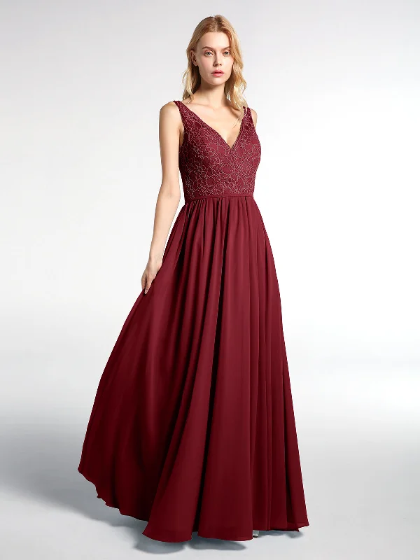 V-neck Lace Top Chiffon Skirt Maxi Dress-Burgundy Comfortable Bohemian Maxi Dress