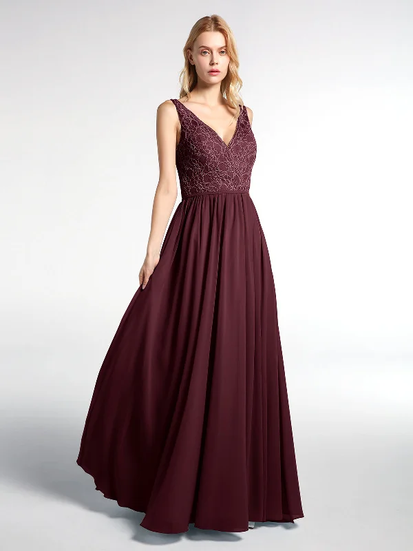 V-neck Lace Top Chiffon Skirt Maxi Dress-Cabernet Cozy Knit Maxi Dress