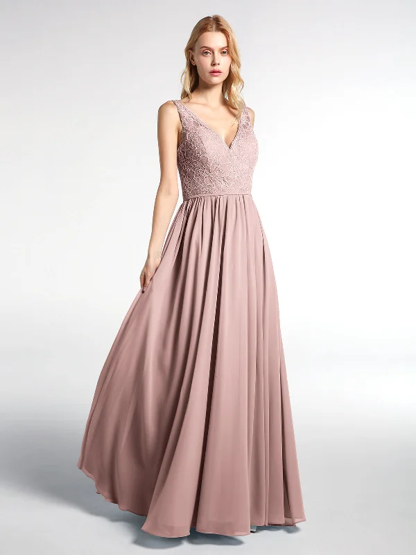 V-neck Lace Top Chiffon Skirt Maxi Dress-Dusty Rose Fashionable Off-Shoulder Maxi Dress