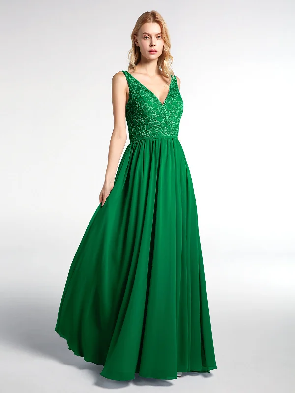 V-neck Lace Top Chiffon Skirt Maxi Dress-Emerald Cozy Open-Back Maxi Dress