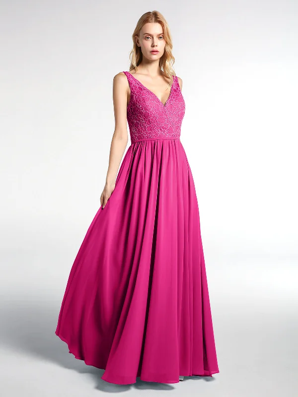 V-neck Lace Top Chiffon Skirt Maxi Dress-Fuchsia Stylish Maxi Dress with Pleats