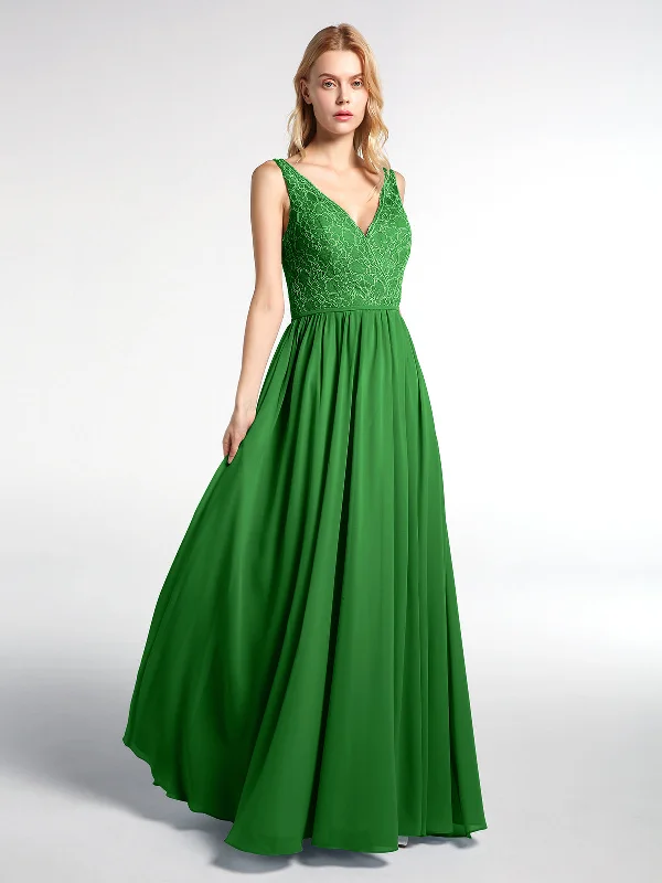 V-neck Lace Top Chiffon Skirt Maxi Dress-Green Elegant Maxi Dress with Drapes