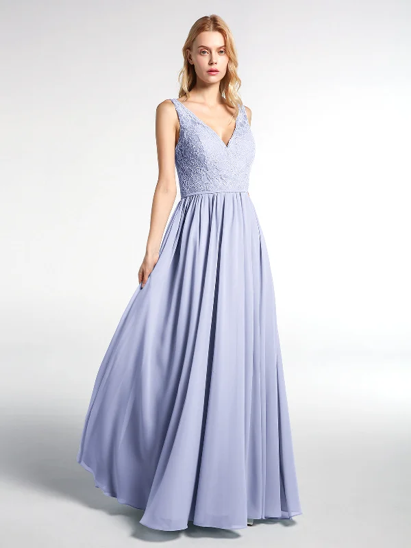 V-neck Lace Top Chiffon Skirt Maxi Dress-Lavender Chic Boho Print Maxi Dress