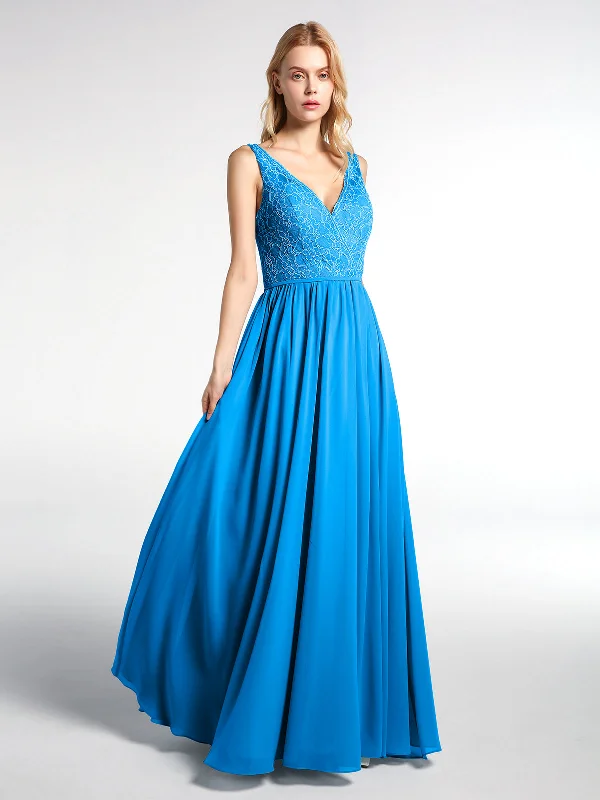 V-neck Lace Top Chiffon Skirt Maxi Dress-Ocean Blue Comfortable Fitted Maxi Dress