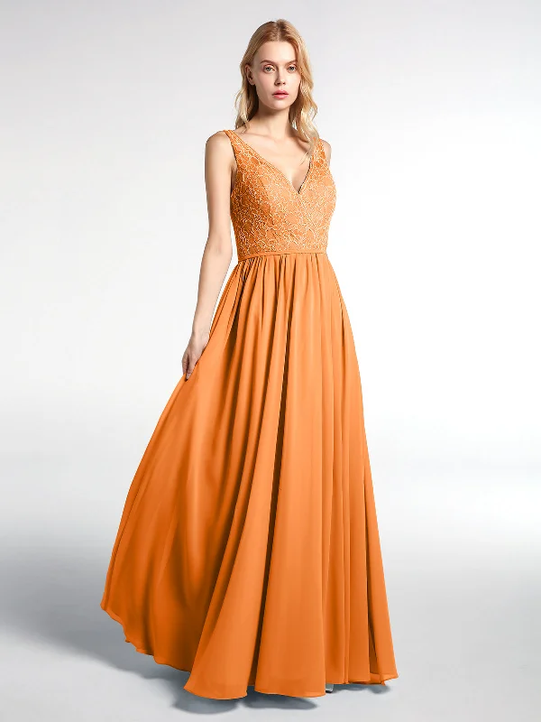 V-neck Lace Top Chiffon Skirt Maxi Dress-Orange Stylish Empire Waist Maxi Dress