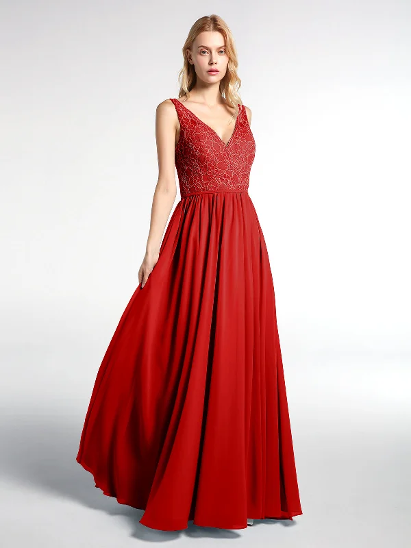 V-neck Lace Top Chiffon Skirt Maxi Dress-Red Comfortable Bohemian Maxi Dress