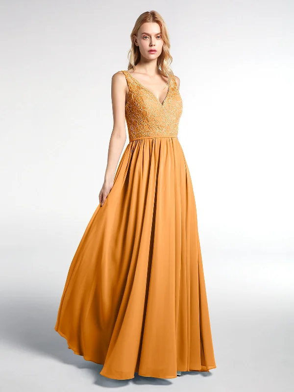 V-neck Lace Top Chiffon Skirt Maxi Dress-Tangerine Stylish V-Neck Maxi Dress