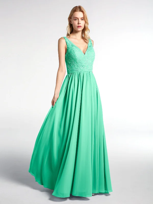 V-neck Lace Top Chiffon Skirt Maxi Dress-Turquoise Fashionable Chiffon Tiered Maxi Dress