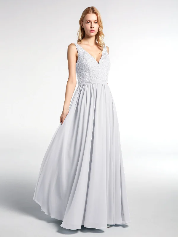 V-neck Lace Top Chiffon Skirt Maxi Dress-White Comfortable Fit-and-Flare Maxi Dress