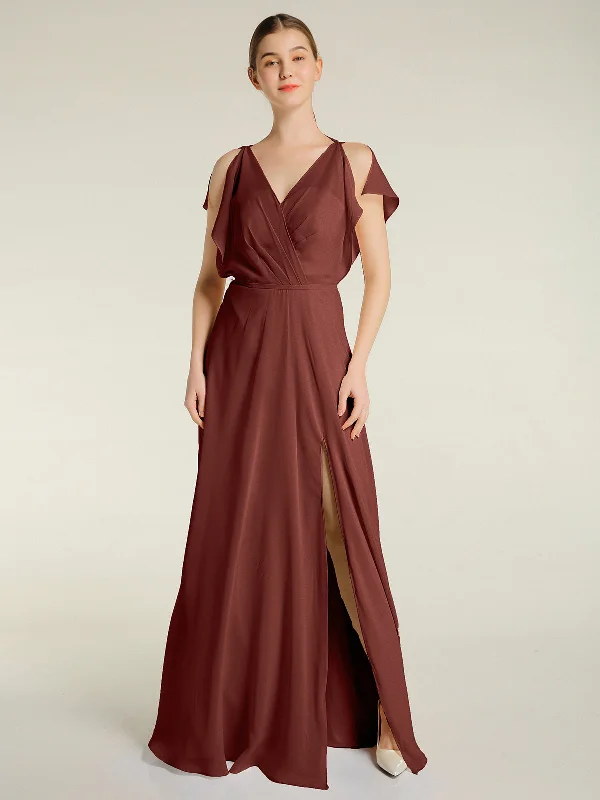 V Neckline Chiffon Maxi Dresses with Slit Terracotta Stylish Off-Shoulder Maxi Dress