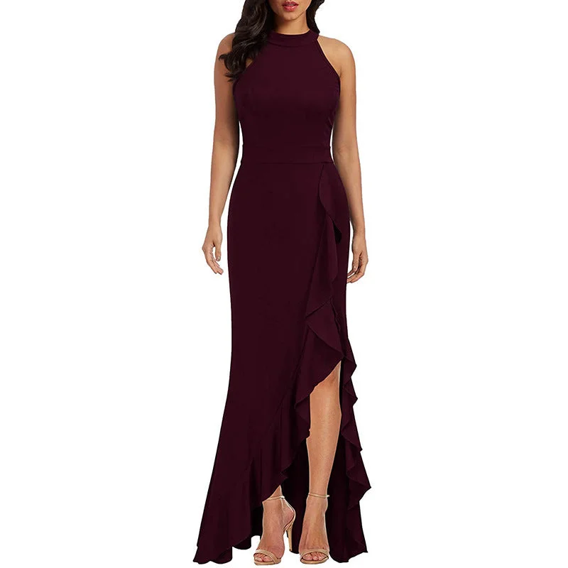 Women High Neck Split Bodycon Mermaid Evening Cocktail Maxi Dress Trendy V-Neck Maxi Dress