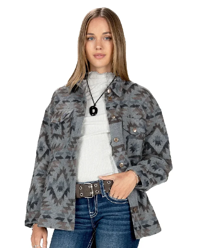 Women's Aztec Button Up Shacket Puff Sleeve Blouse