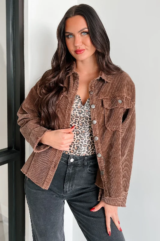 Casually Coasting Corduroy Shacket (Brown) Chic Off-Shoulder Blouse
