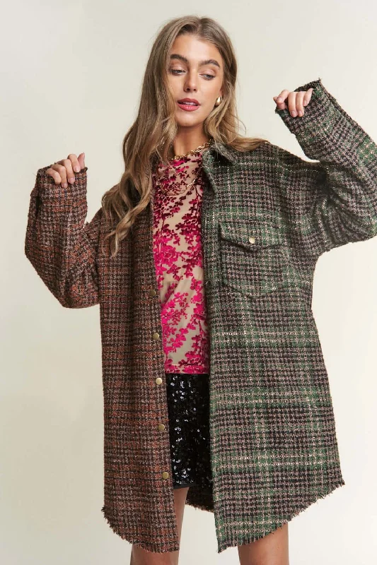 Misty Forest Green Snap Down Tweed Plaid Contrast  Longline Shacket Collared Satin Blouse