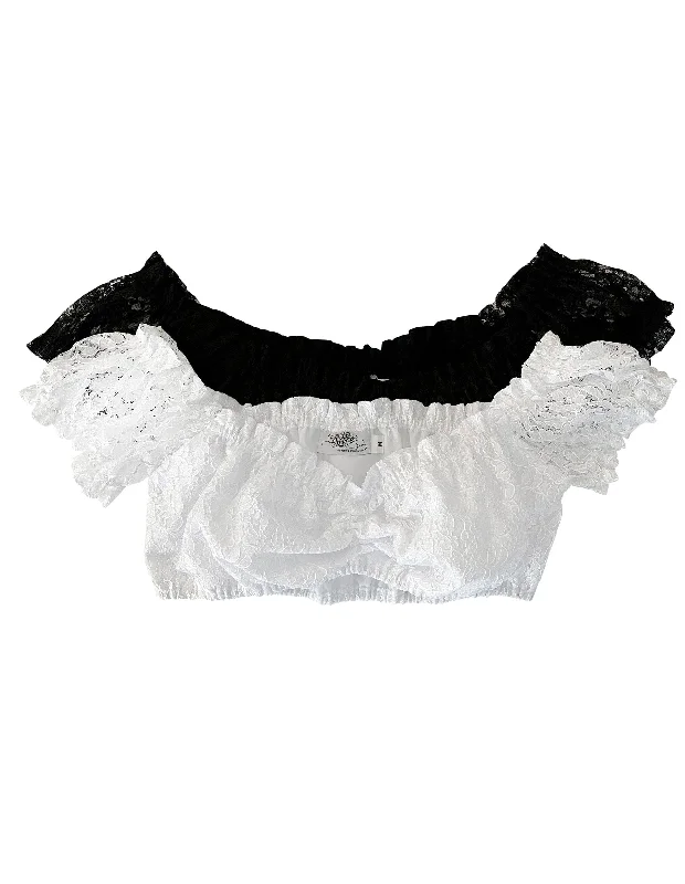 Lace Off-the-Shoulder Blouse w/ Gathers Balloon Sleeve Blouse