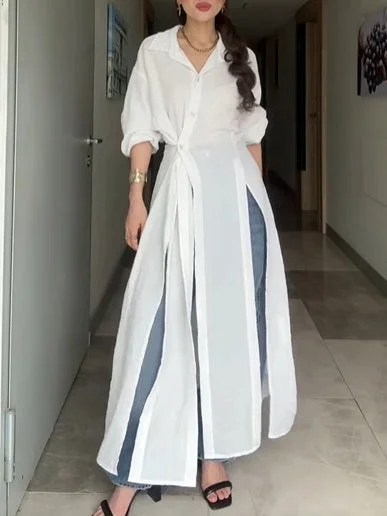 Solid Color Slit Long Irregular Long Blouse Flowy Bohemian Blouse