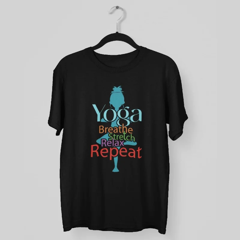 Yoga Breathe stretch Relax Repeat Round Neck Half Sleeve Classic T-Shirt Solid Color Striped Floral