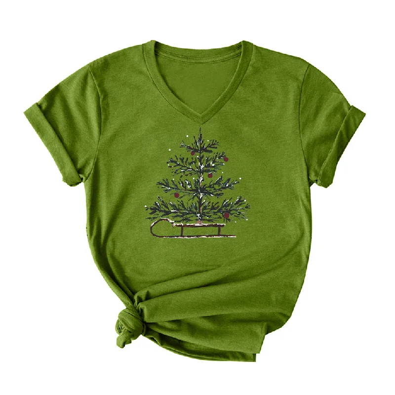 Christmas Tree V Neck T-Shirt for Women Graphic T-Shirt Round Neck Polyester