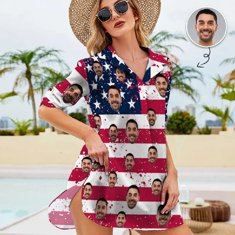 Custom Face Flag Horizontal Stripes Chiffon Shirt Dress Cover Up Thin Personalized Women's V-Neck Bikini Beach Tunic Top Polka Dot Checkered Tartan