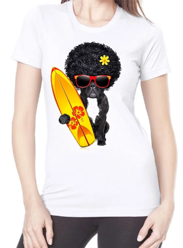 French Bulldog Surfer With Afro Hair Women's T Shirt Men Women Funny Pet Bull Dog Gyms Fitness Tops Tee Shirt Embroidered Appliqued Beaded