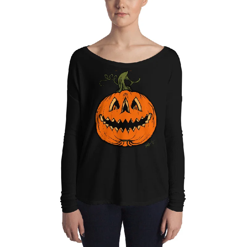 Grim Grinning Gourd Ladies' Long Sleeve Tee Asymmetrical Pockets Print