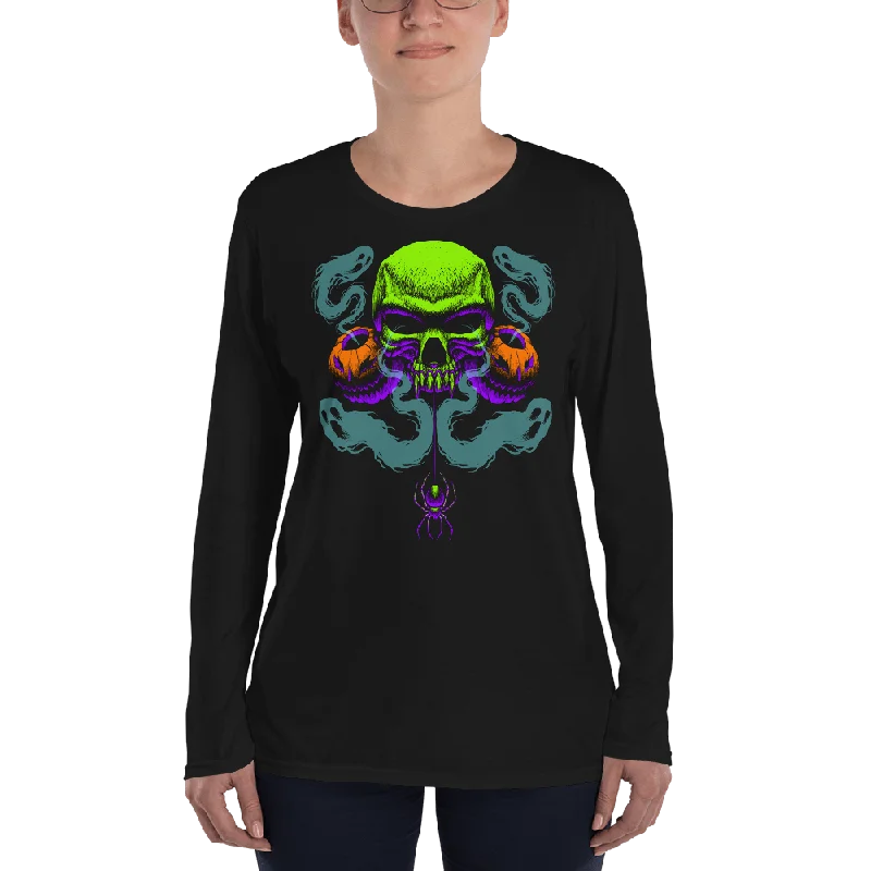 Happy Haunting Anvil 884L Ladies' Lightweight Long Sleeve Tee with Tear Away Label Solid Color Striped Floral