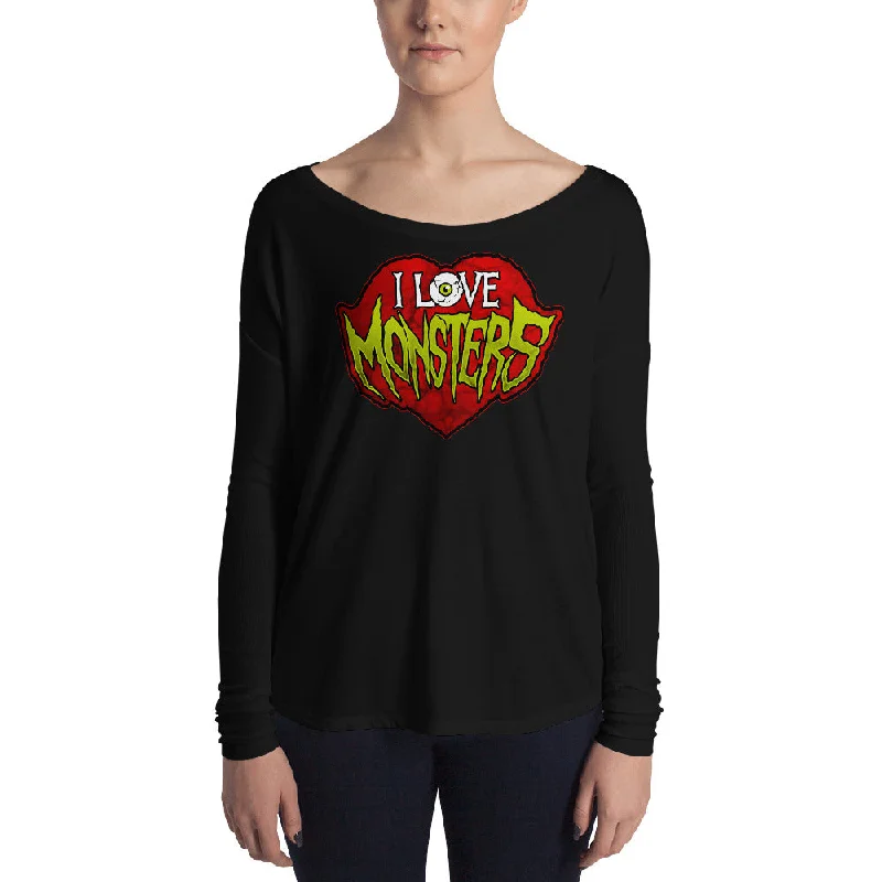 I Love Monsters Ladies' Long Sleeve Tee Front Pockets Side Pockets Patch Pockets