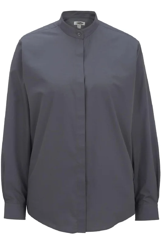 Ladies' Dark Grey Banded Collar Broadcloth Shirt Front Pockets Side Pockets Patch Pockets