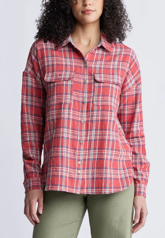 Malena Women’s Long Sleeve Plaid Shirt in Dark Pink - WT0081P Handmade Hand-knitted Hand-woven