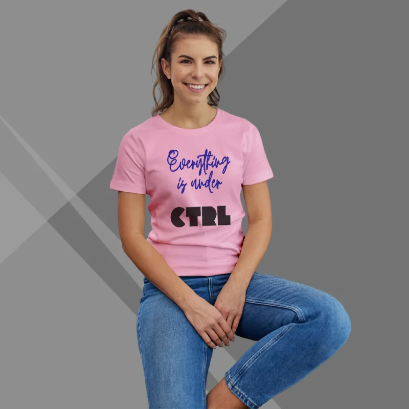 Everything is Under CTRL Printed Women's Pink T-Shirt - Tech T-Shirt for Women Ribbed T-Shirt High Neck Heavyweight